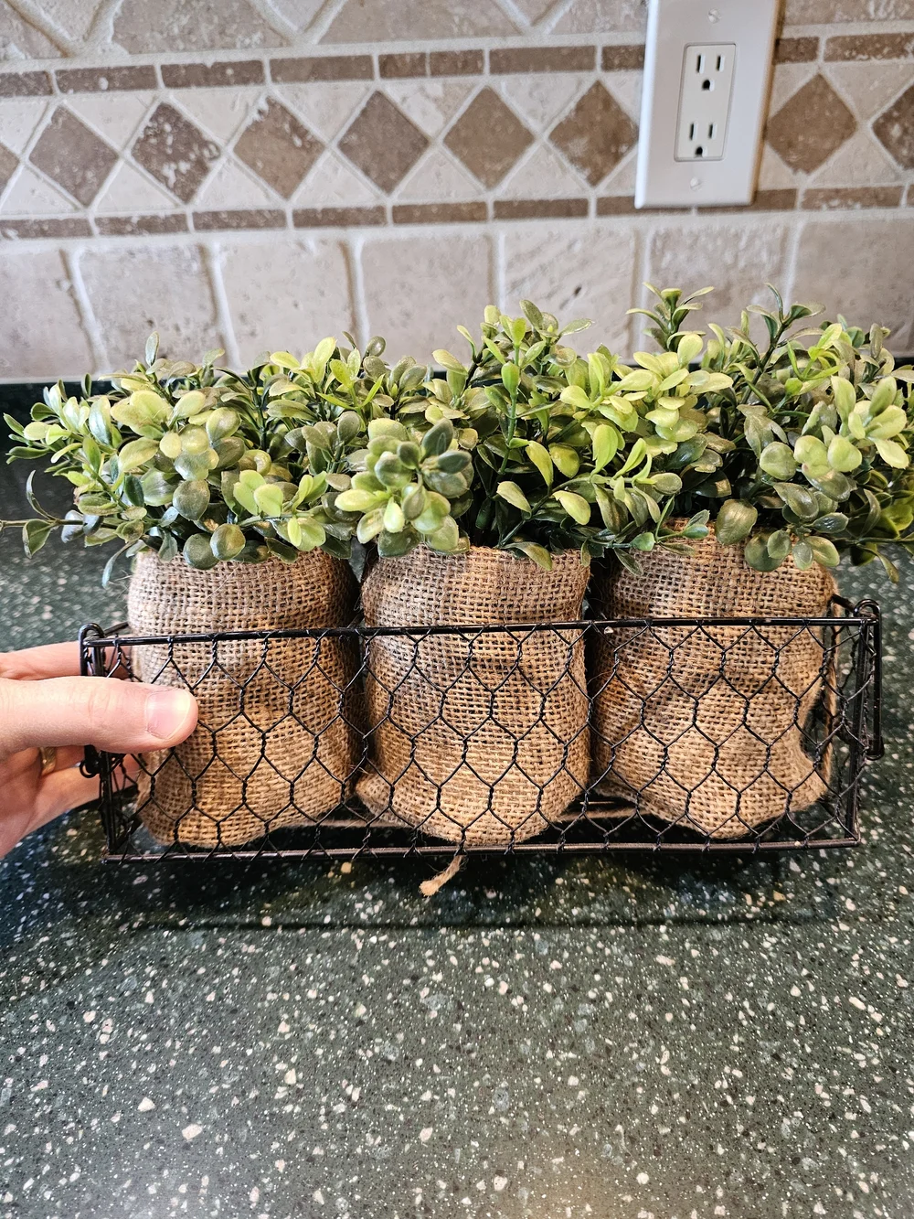 Artificial Boxwood Planter Trio in Green - Burlap Wrapped